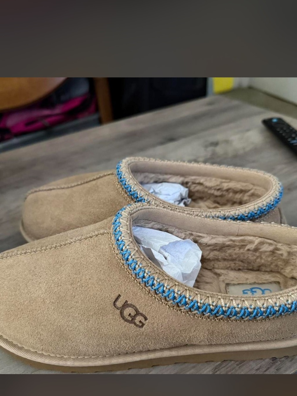 UGG Tan Suede Slip-On Slippers with Blue Trim